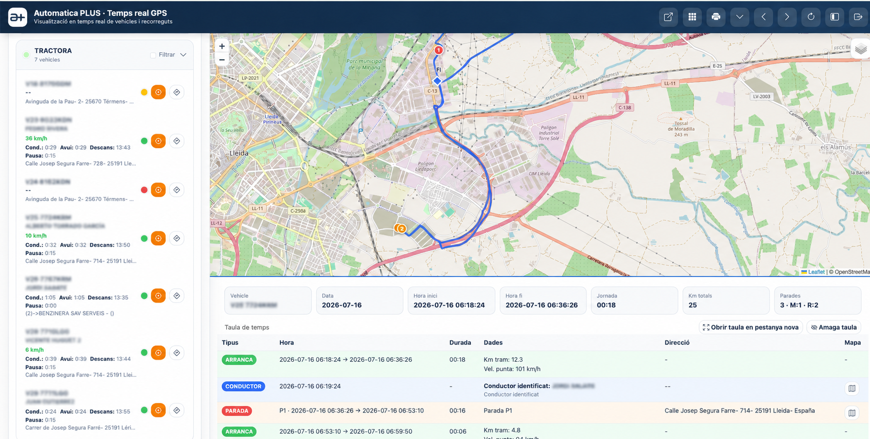 Consulta de recorridos y paradas en la plataforma GPS de AUTOMATICA PLUS con mapa, kilómetros, horarios y datos de ruta